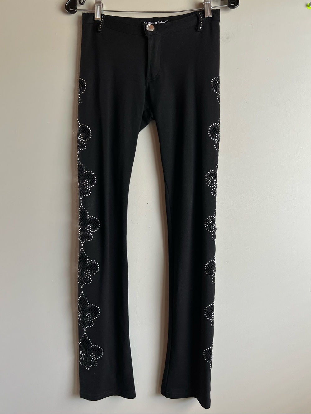 Platinum Plush Black Rhinestone Fleur de Lis Skinny Jeans Pants Size S Y2K Bling